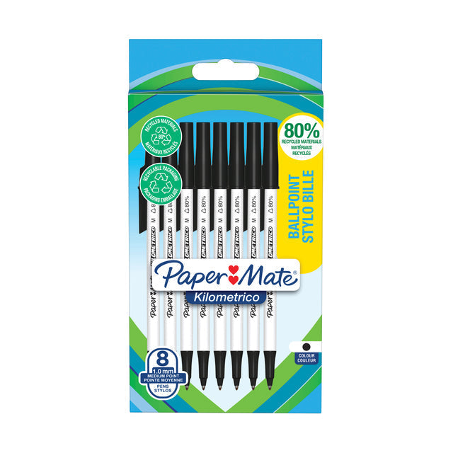 Paper Mate - Ballpoint Pin Kilométrico, moyen, ampoule de 8 pièces, noir