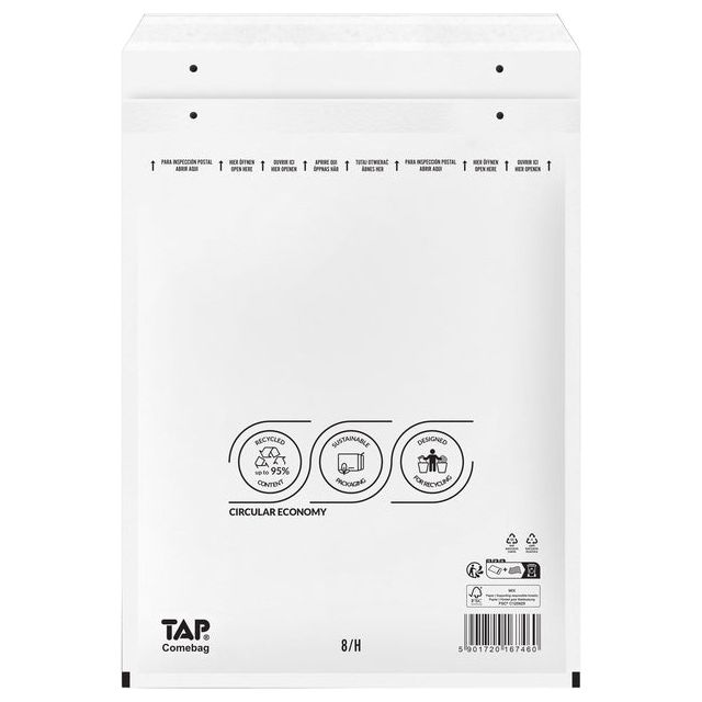 Jiffy - Comebag Air Cushion Enveloppes, FT 270 x 360 mm, avec fermeture de bande, blanc, boîte de 100 pièces