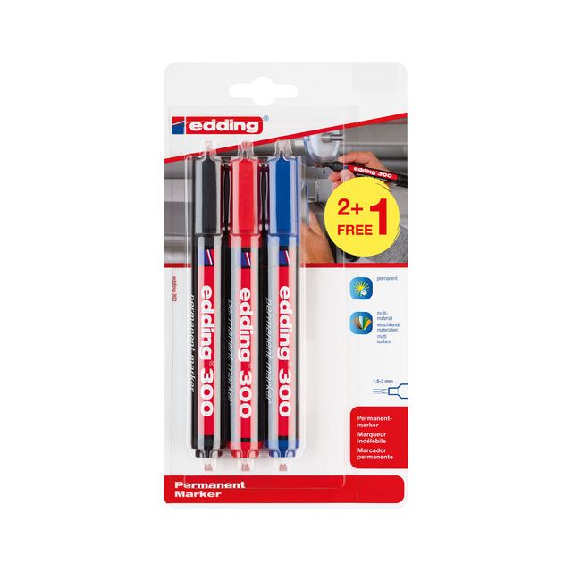 Edding -Filz -Tip Edding 300 Runde 1,5-3mm 2+1 Assorti | Blasen Sie ein 3 -Stück | 10 Stück