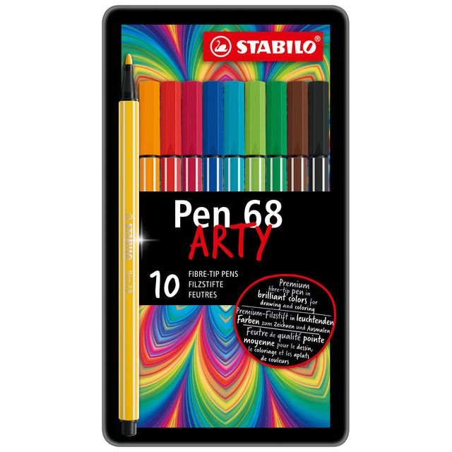 Stabilo - Pen 68 Felt -Tip Pen, boîte en métal de 10 marqueurs en couleurs assorties