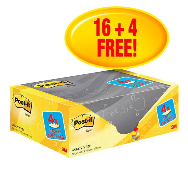 Post-it notes - Notes, 100 vel, ft 76 x 127 mm, geel, pak van 16 blokken + 4 gratis