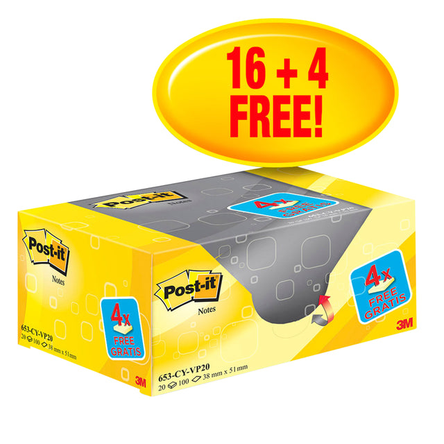 Post-it - Notes, ft 38 x 51 mm, geel, blok van 100 vel, pak van 16 + 4 gratis