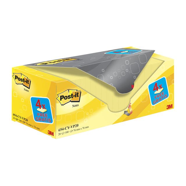 Post -it - Notes, 100 feuilles, ft 76 x 76 mm, jaune, paquet de 16 blocs + 4 gratuitement