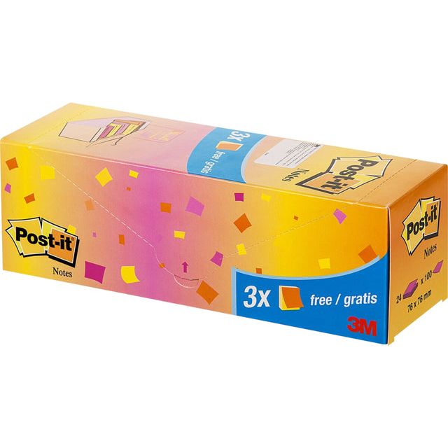 Post-it-Memolok 3M Post-it 654 76x76mm Assorti Neon 21 + 3 | Box une pièce de 24