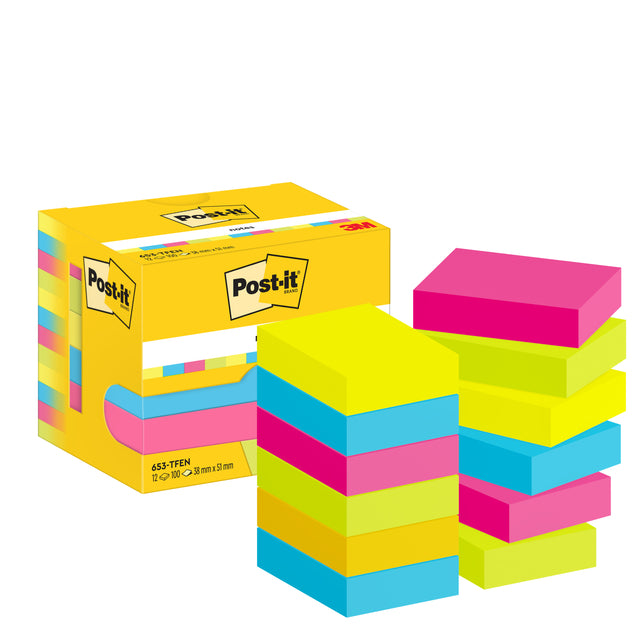 Post-it-memoblok 3m post-it 653 38x51mm Neon Assorti Farbe | Ein 12 Stück packen