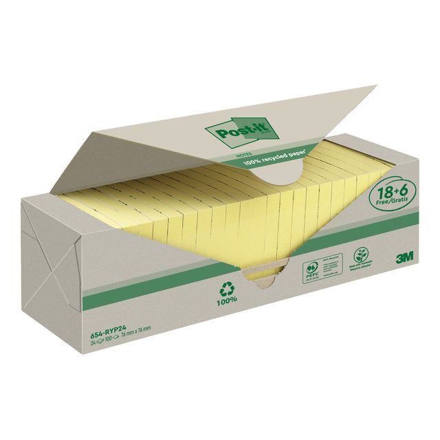 Post-it-Memolok 3M Post-it 654 76x76mm Recycle Geel 18 + 6 | Encadré une pièce 24 | 6 morceaux