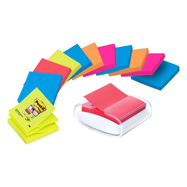 Post-it Super Sticky - Super Sticky Z-notes dispenser Pro Color wit, voor ft 76 x 76 mm, inclusief 12 blokken van 90 vel