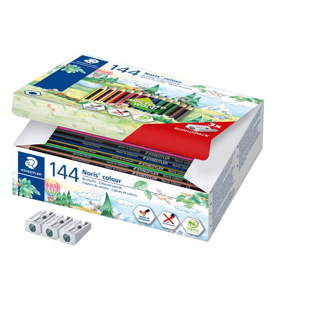 Staedtler - Crayons de couleur classe Noris pack de 144 pièces 12 couleurs + 3 taille-crayons offerts