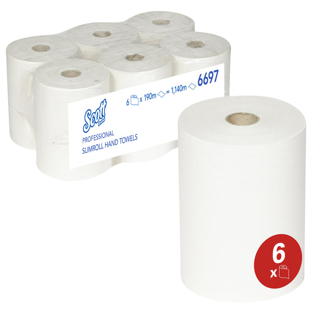 Scott - Roll à serviette 6697 Slimroll 1 couche 190m blanc | Paquet de 6 rouleaux