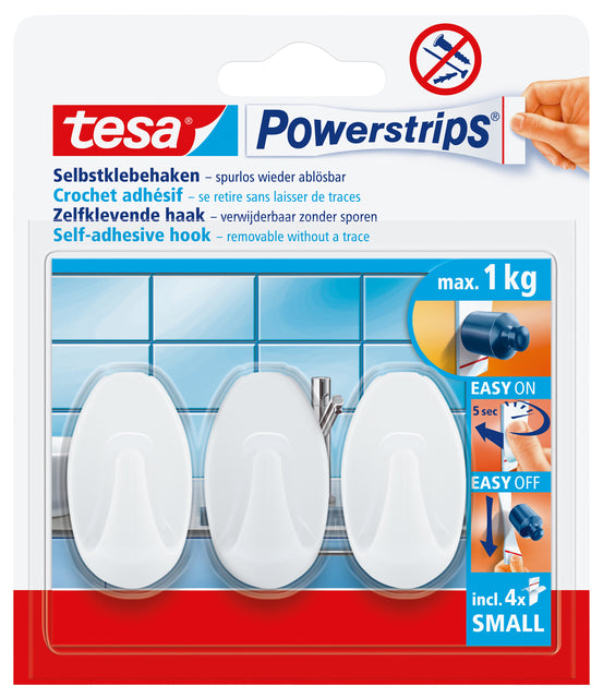 Tesa - Ganchos Powerstrips® SMALL Ovalados autoadhesivos removibles blancos 3 piezas