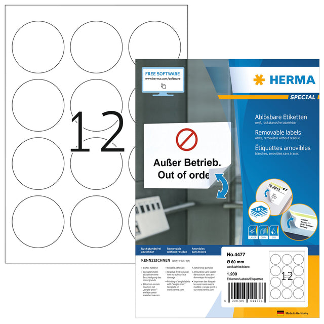 HERMA - Etiquette 4477 60mm amovible blanche 1200 étiquettes