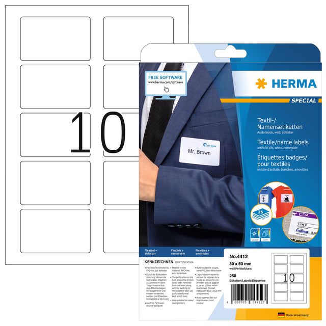 HERMA - Étiquette de badge de nom Herma 4412 80x50mm 250 Étiquettes | Pack de 25 draps