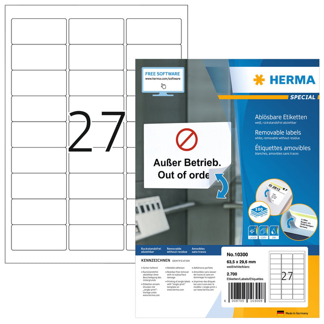 HERMA - Etiqueta 10300 63,5x29,6mm removible blanca 2700 etiquetas