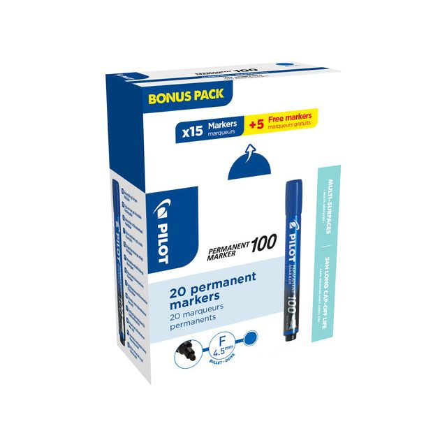 Pilot - permanent marker 100, XXL doos met 15 + 5 stuks, blauw