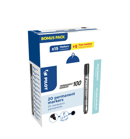 Pilot – Filzstift 100 rund, fein, schwarz, 15 Stück + 5 Stück gratis