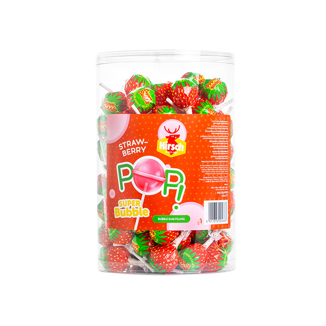 Hirsch - Lolly Hirsch Super Bubble Strawberry 100x17 Grams | Tube de 100 pièces