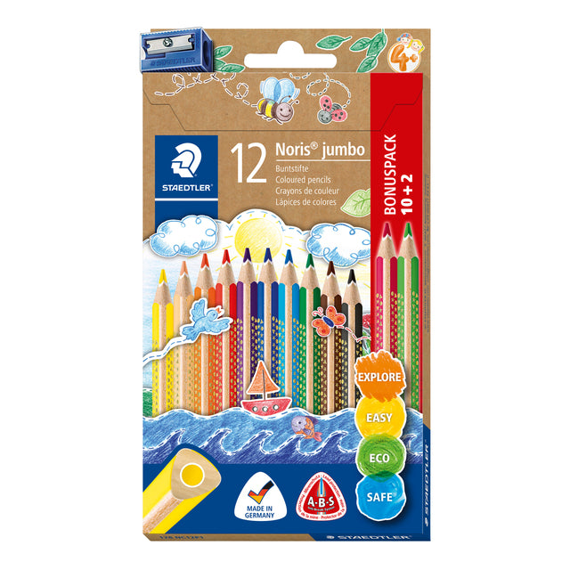 Staedtler - Crayons de couleur Noris jumbo set de 10+2 couleurs gratuites | 5 pièces