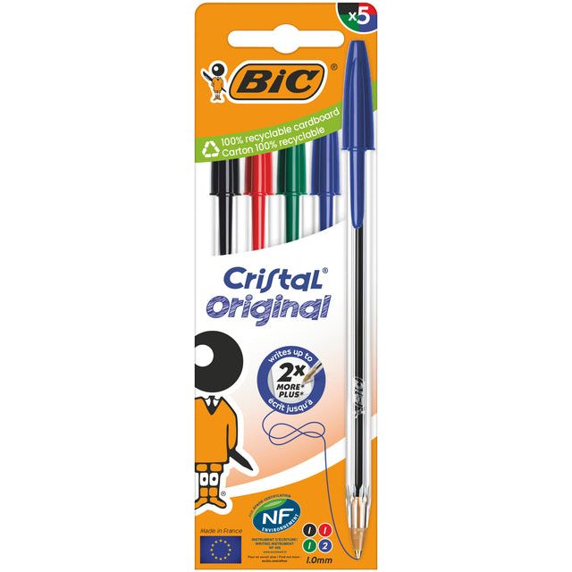 Bic - Cristal balpen, medium, blister van 5 stuks: zwart, rood, groen en 2 x blauw