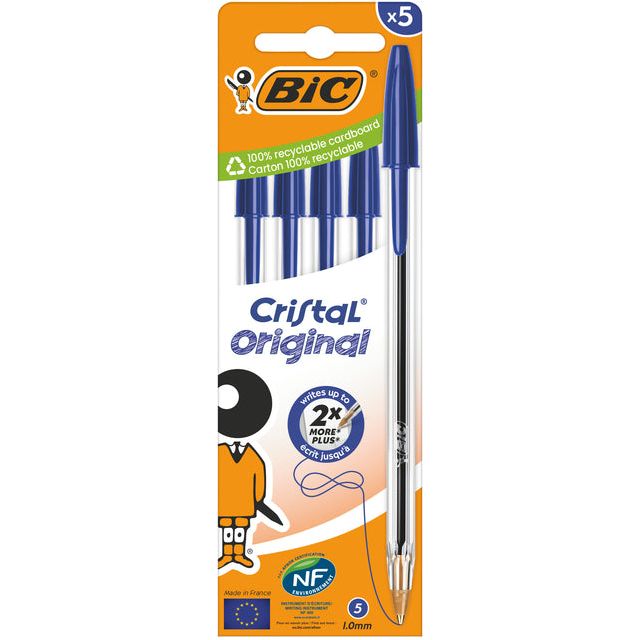 Bic - Cristal balpen medium, blauw, blister van 5 stuks