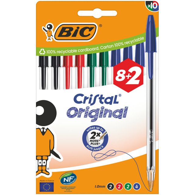 Bic - Cristal balpen, medium, assorti, blister van 8 + 2 GRATIS