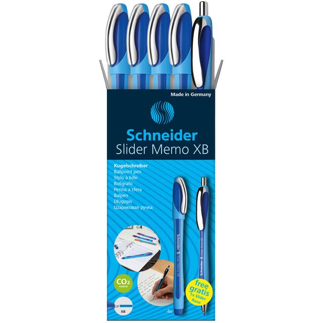 Schneider - balpen Slider Memo XB blauw, 4 stuks + 1 Rave GRATIS