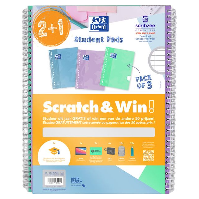 Oxford - Bloc de cours scolaire, Ft A4 +, doublé, 23 -gate, 80 feuilles, assorti pastel, 2 + 1 gratuit, victoire à gratter