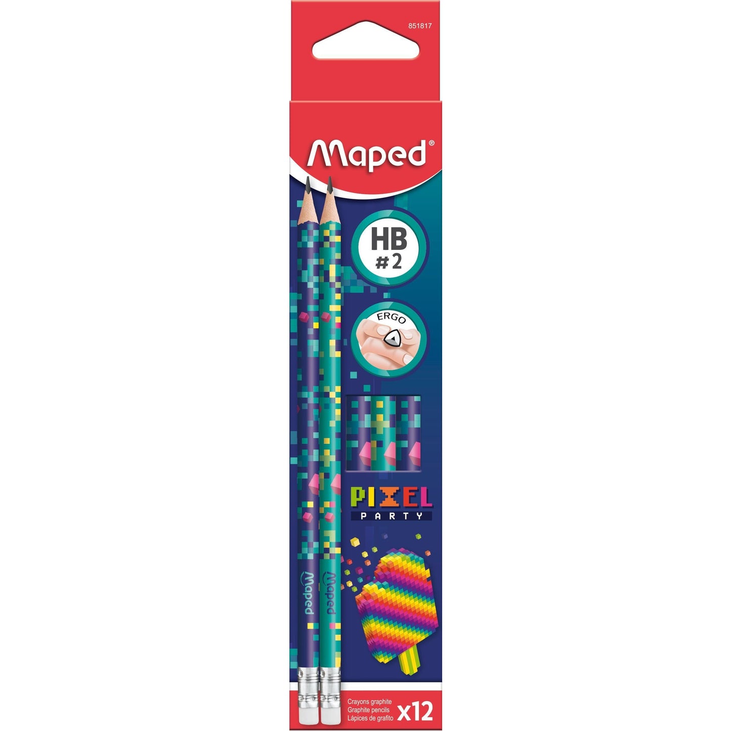 Maped - Matita grafite Pixel Party con gomma set da 12 pezzi assortiti