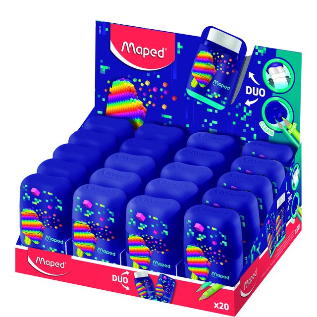 Maped - Pixel Party Connect 2-Loch-Bleistiftspitzer mit Radiergummi-Display, 20 Stück