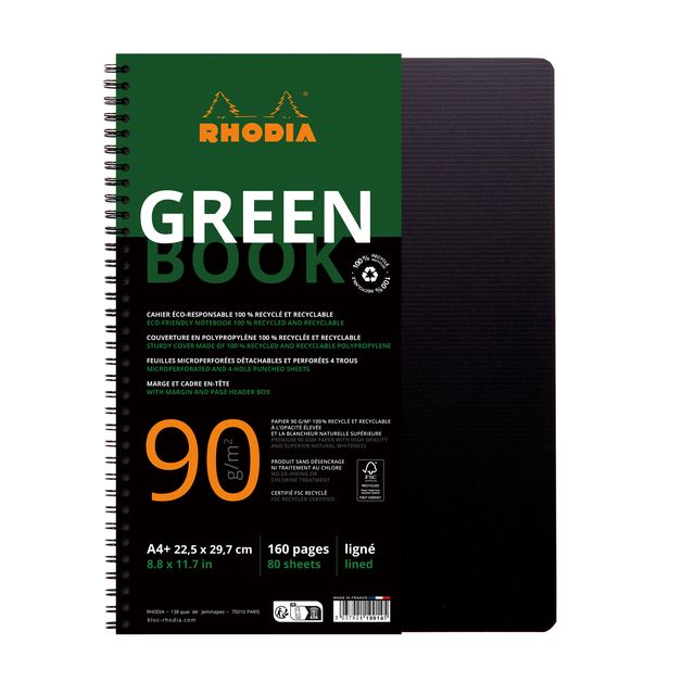 Rhodia - Notebook Greenbook A4+ riga 4 fori 180 pagine 90gr nero