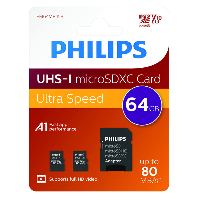 Philips - Scheda di memoria micro SDXC Classe 10 UHS-I U1 64GB 2 pezzi