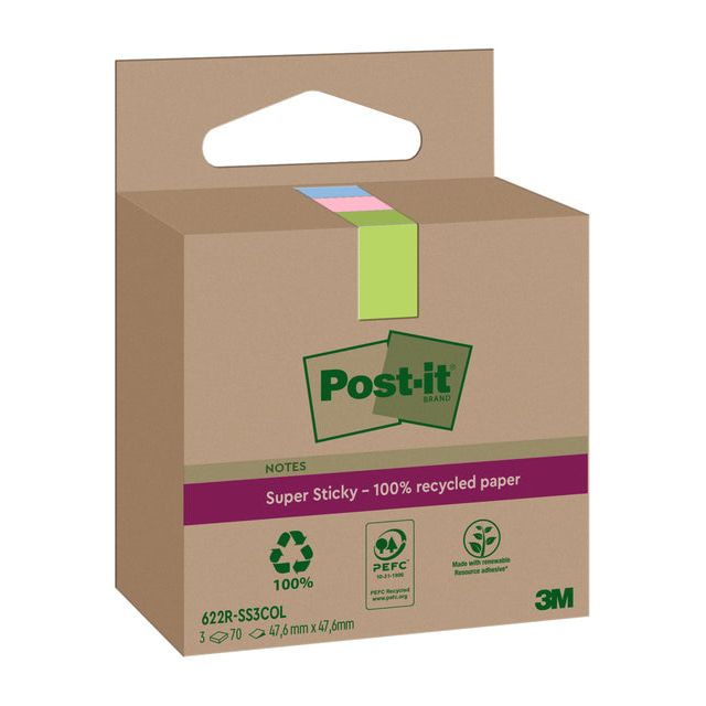 Post-it Super Sticky - Super Sticky Notes Recycled, 70 vel, ft 47,6 x 47,6 mm, assorti, pak van 3 blokken