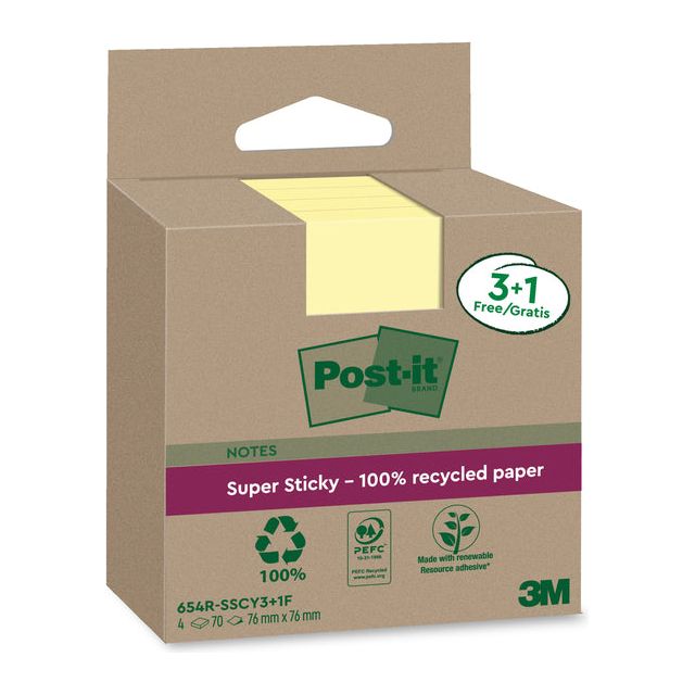 Post-it - Super Sticky Notes Recycled, 70 vel, ft 76 x 76 mm, geel, 3 + 1 GRATIS