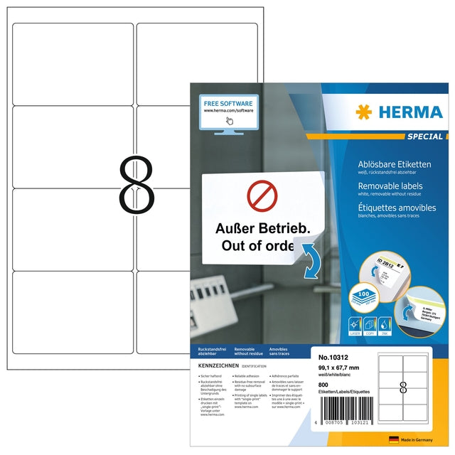 HERMA - Etiqueta 10312 99,1x67,7mm removible blanca 800 etiquetas