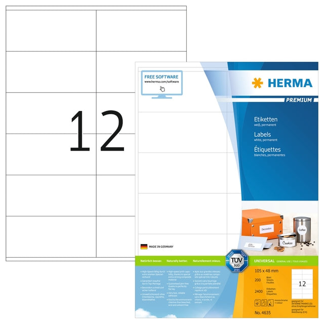 Herma - Herma 4635 Label 105x48mm Premium White 2400 Label | Pack von 200 Blättern