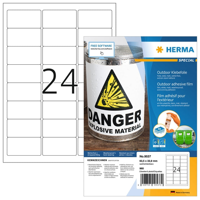 HERMA - Etichetta 9537 Etichette 960 bianche resistenti alle intemperie 63,5x33,9mm