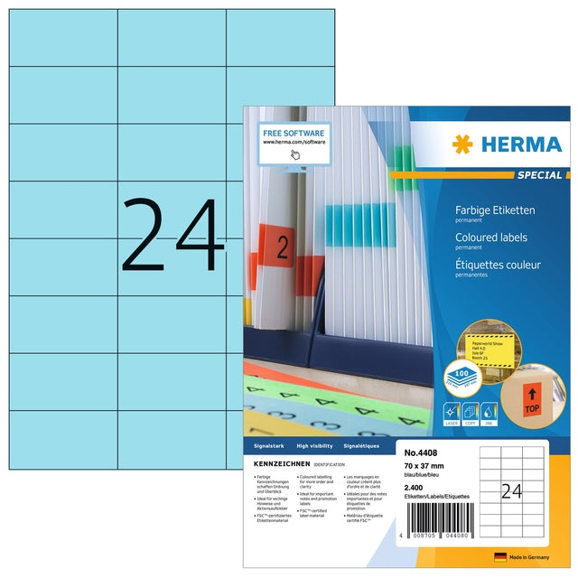 Herma - Herma 4408 70x37mm Label Blue 2400 Labels | Pack von 100 Blättern