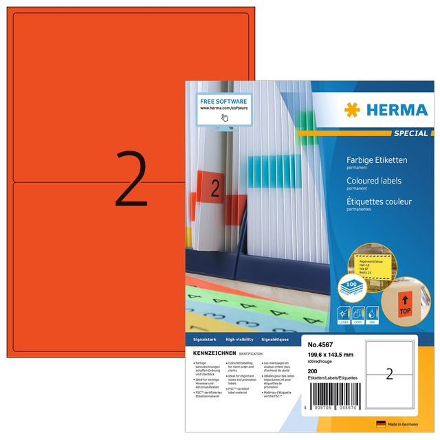 Herma - Herma 4567 Label, 199,5x143,5mm Red 200 Labels | Pack von 100 Blättern