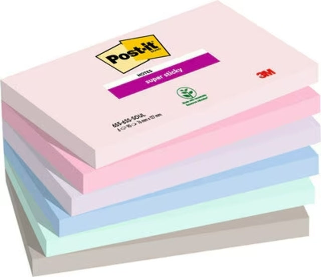 Post-it - Super Sticky notes Soulful, 90 vel, ft 76 x 127 mm, geassorteerde kleuren, pak van 6 blokken