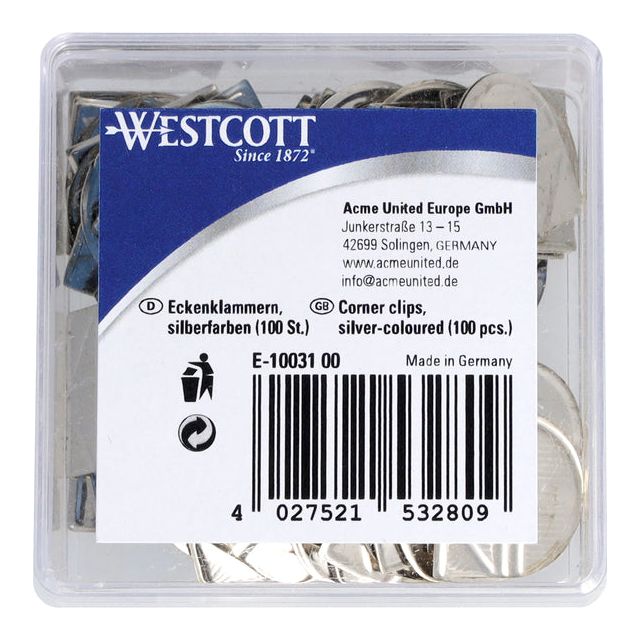 Westcott - Corner Clips Aluminium Silver Box a 100 pièces | 6 morceaux