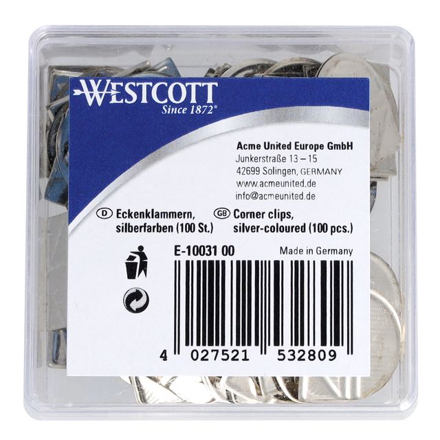 Westcott - Clips esquineros aluminio color plata caja de 100 piezas