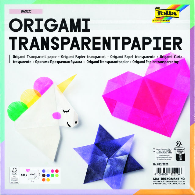Folia Paper - Carta per origami Folia 20x20cm trasparente 42gr 500 fogli in 10 colori