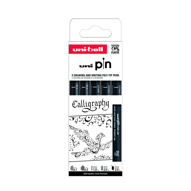 Uni-ball - Fineliner Pin Calligraphy lot de 5 pièces assorties