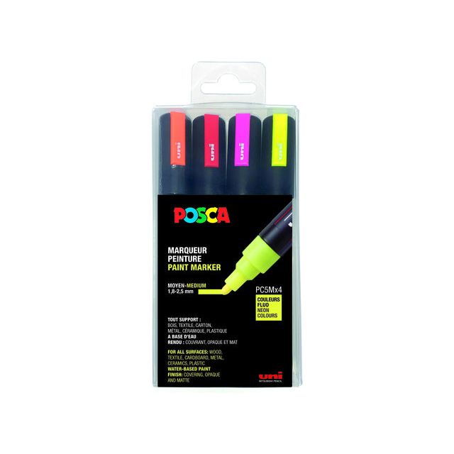 Posca - paintmarker PC-5M, etui met 4 stuks in geassorteerde fluo kleuren