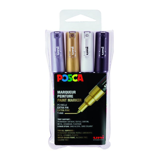 Posca - Uni  paintmarker PC-1MC, 0,7 mm, etui met 4 stuks in geassorteerde metallic kleuren