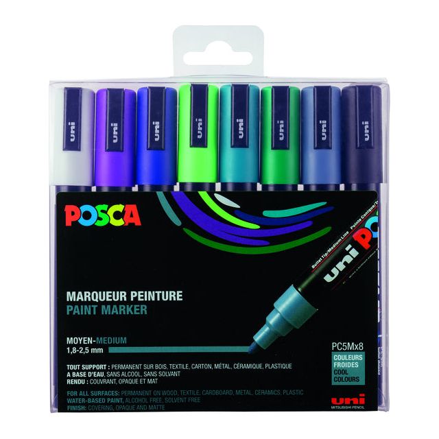 POSCA - PAINTARCKER PC -5M, SET DE 8 marqueurs dans des couleurs froides assorties