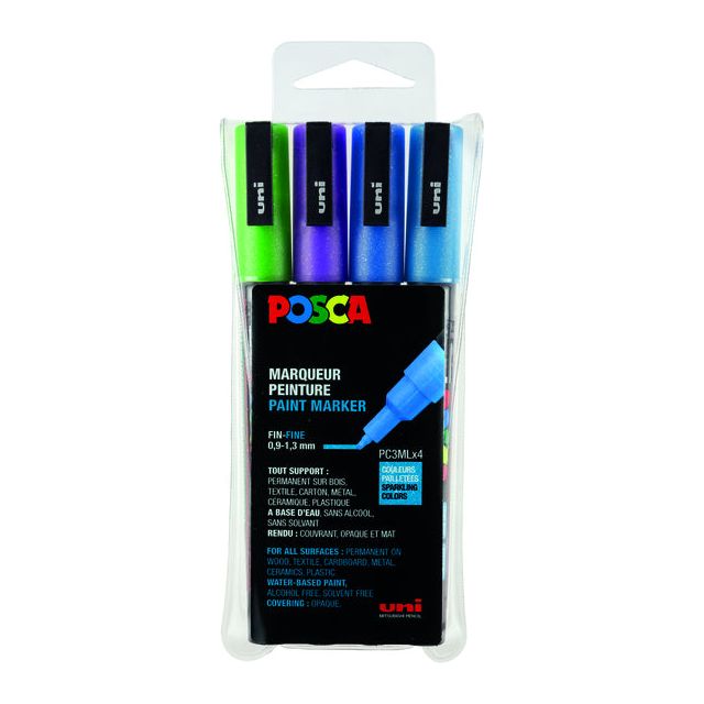 Posca - Verfstift posca pc3m f 4st glitter kleuren koel