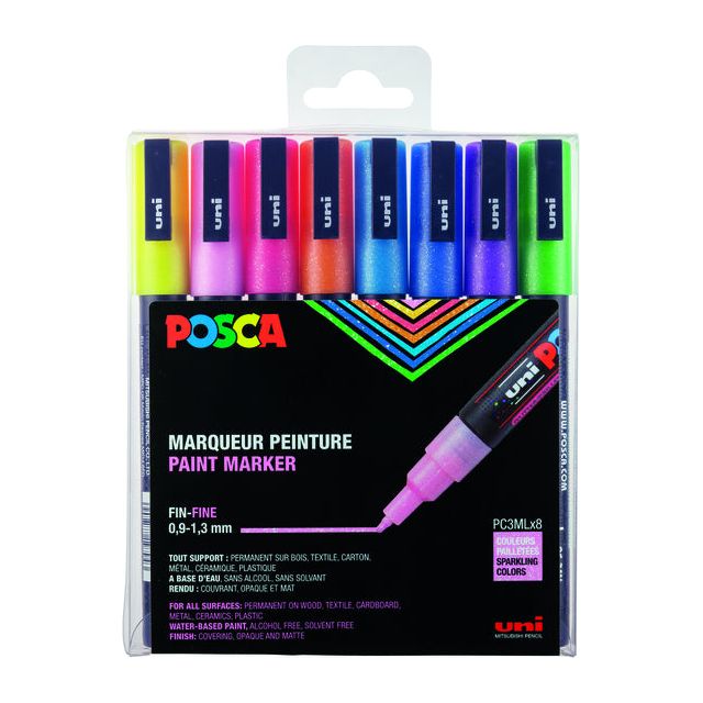 Posca - paintmarker PC-3M, set van 8 markers, glitter, assorti