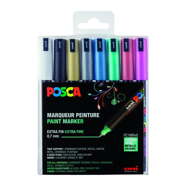 Posca - Uni  paintmarker PC-1MC, 0,7 mm, etui met 8 stuks in geassorteerde metallic kleuren