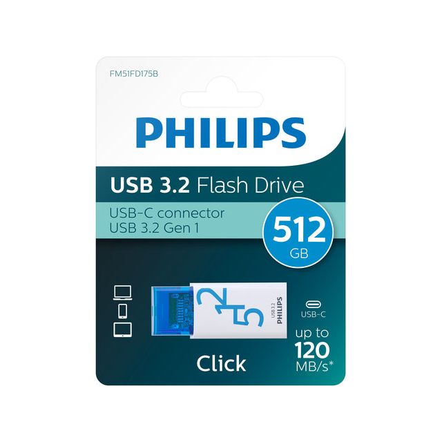 Philips - usb 512gb usb-c click ocean blue