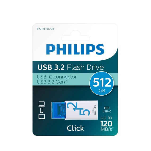 Philips - Memoria USB Click USB-C 512GB Azul Océano